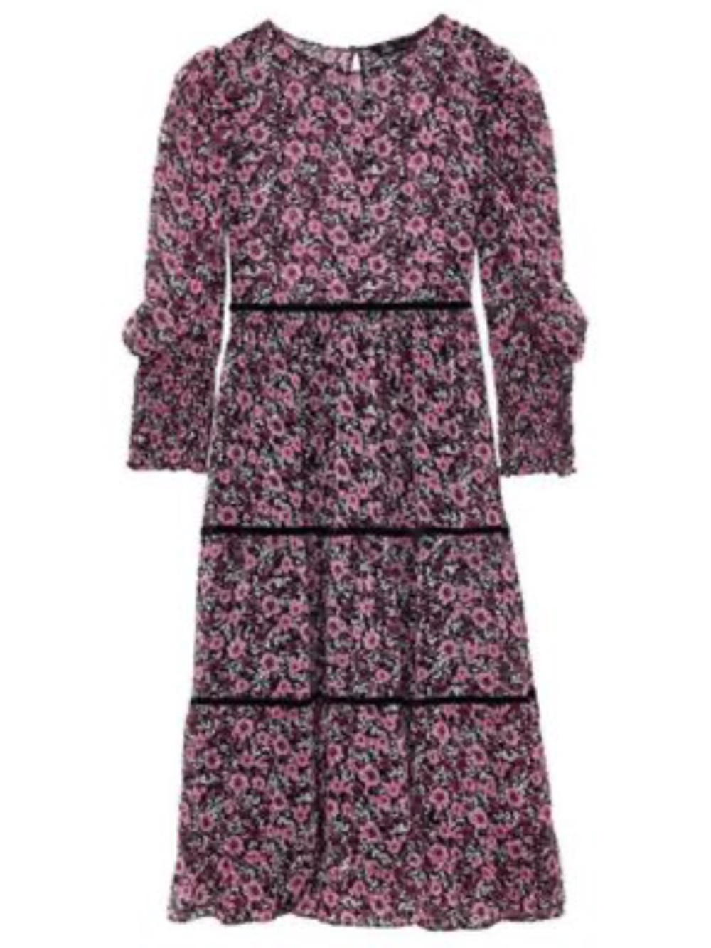 Zara Floral Tiered Midi Dress Velvet Trim Pink Black - sz M 6 8 10 - NWT